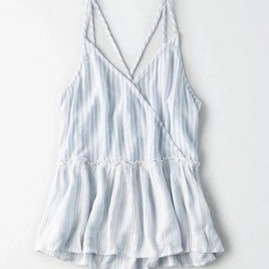American Eagle Peplum Ruffle Striped Blue Breezy Summer Tank Top